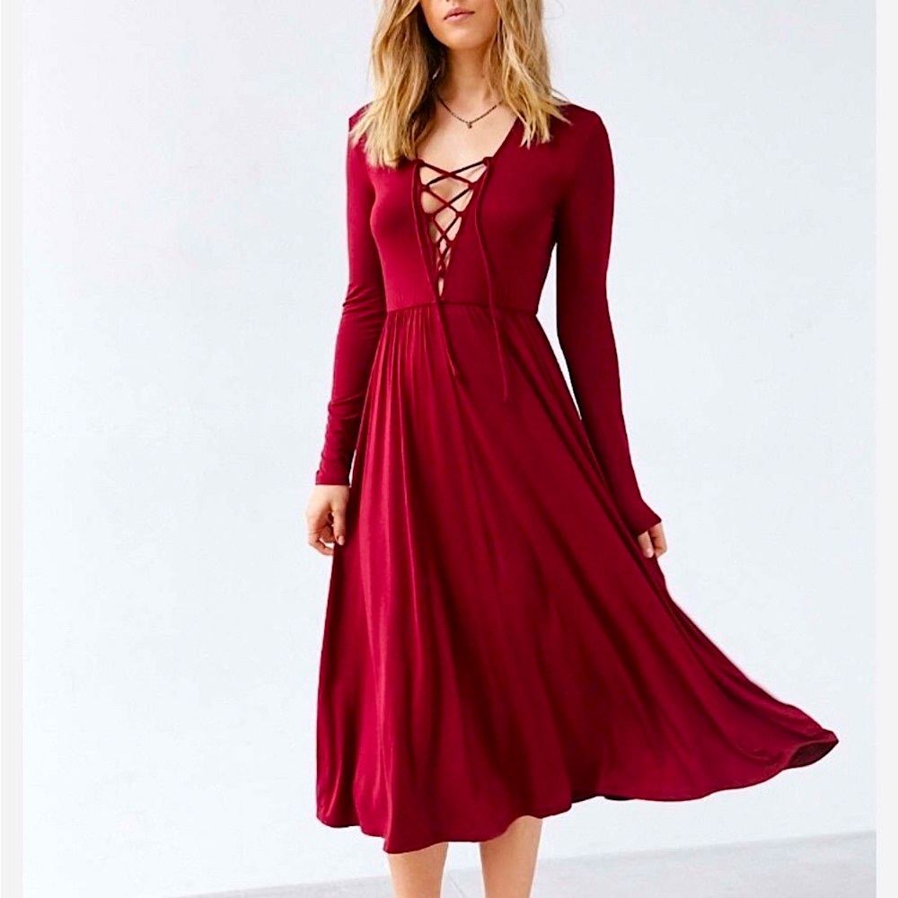 Ecote Urban outfitters burgundy lace-up maxi Dress Sz S/P full length flowy boho - Picture 11 of 11
